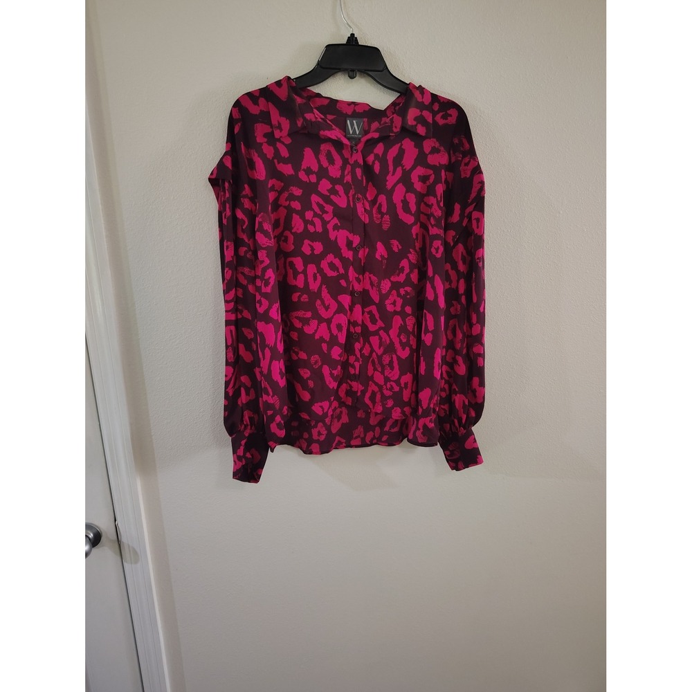 Worthington Womens Pink Leopard Print Button Up Blouse XL Burgundy Animal Print‎